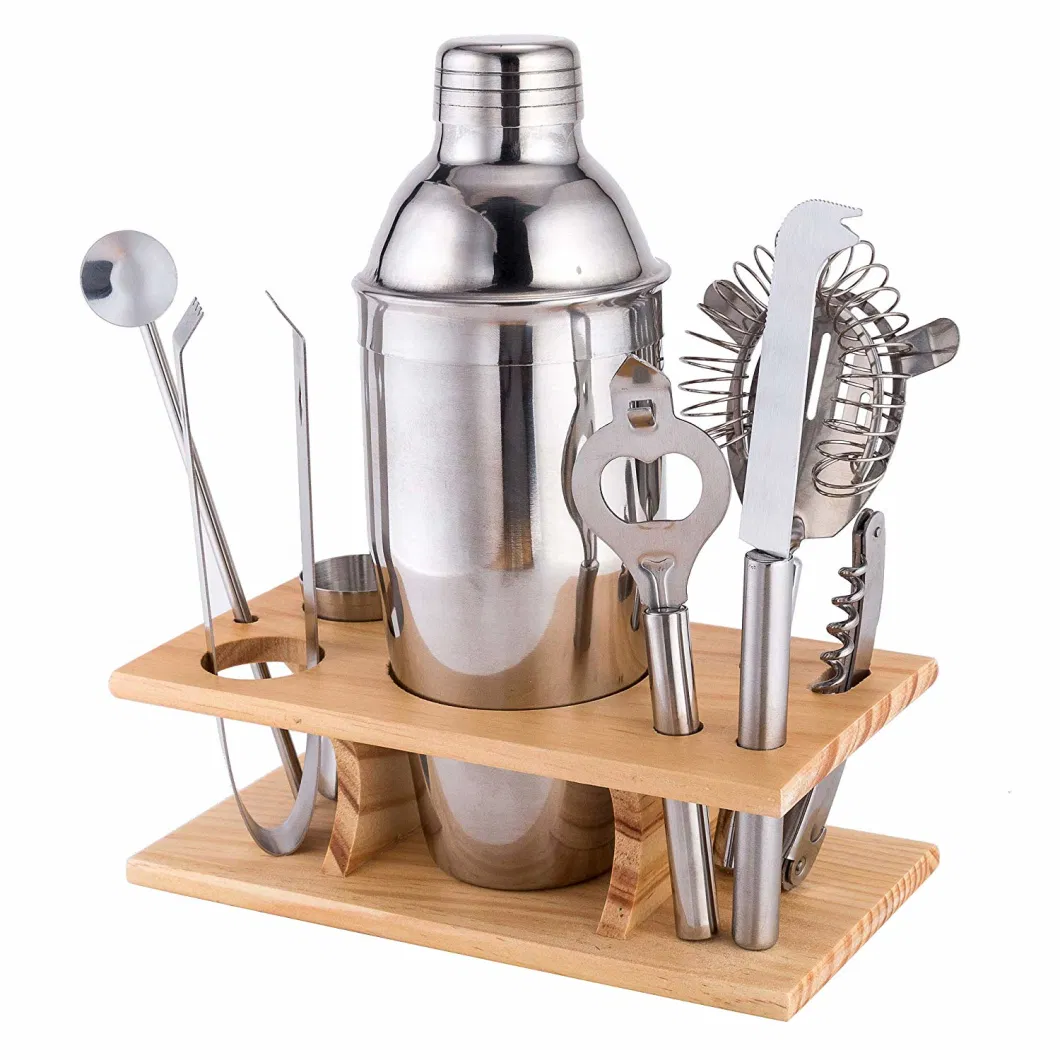 Stainless Steel Bar Set Bamboo Holder Kit Accessories Cocktail Shaker