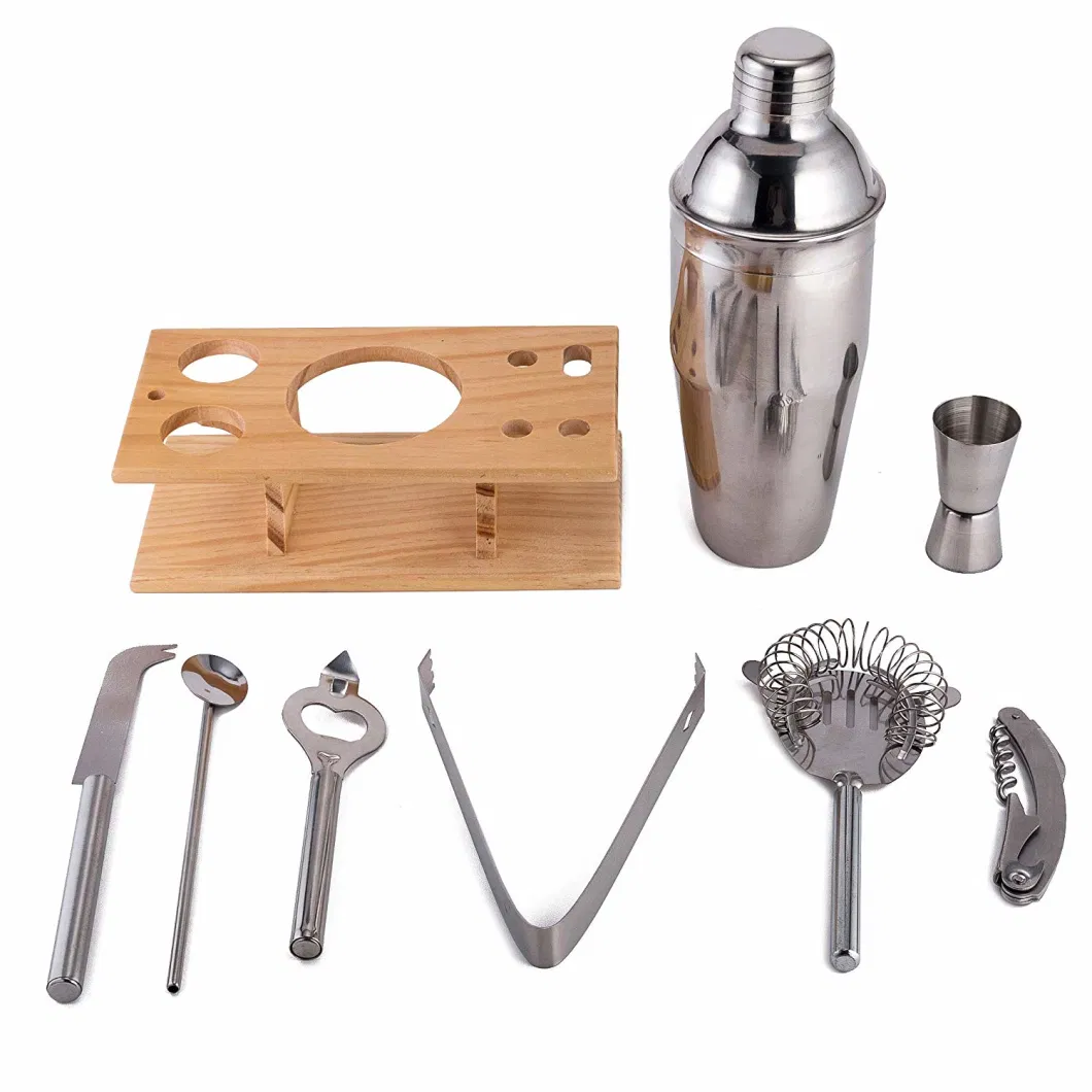 Stainless Steel Bar Set Bamboo Holder Kit Accessories Cocktail Shaker